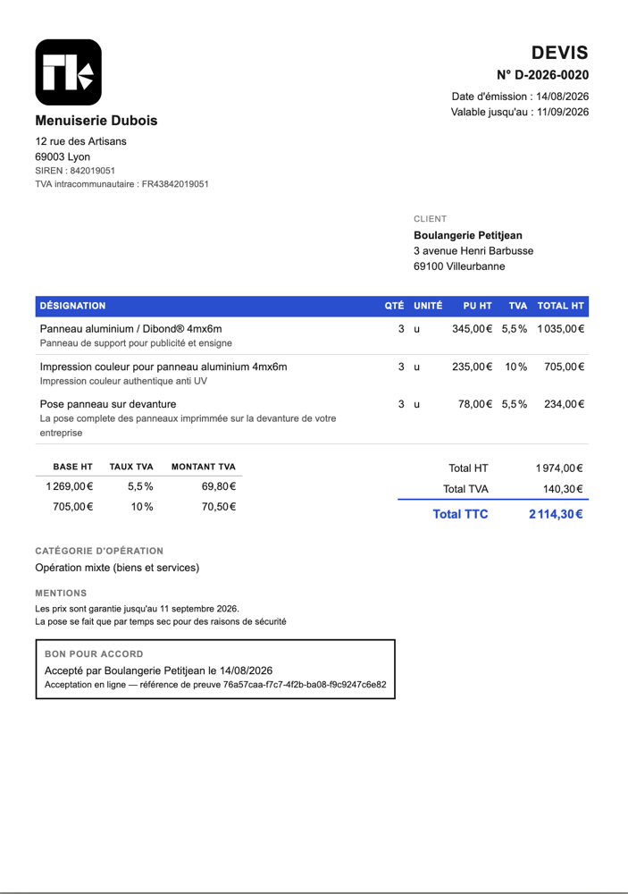 Le devis N° D-2026-0020, accepté en ligne par Boulangerie Petitjean