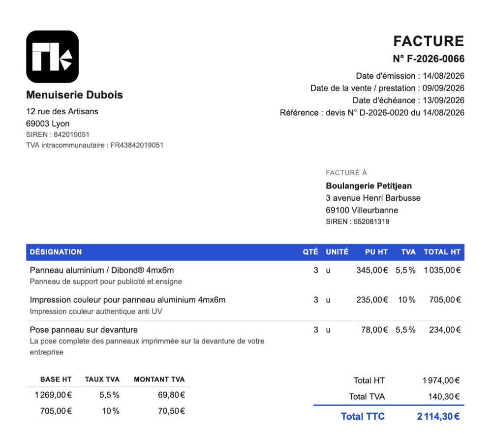 La facture N° F-2026-0066 : mentions obligatoires, TVA par taux, totaux